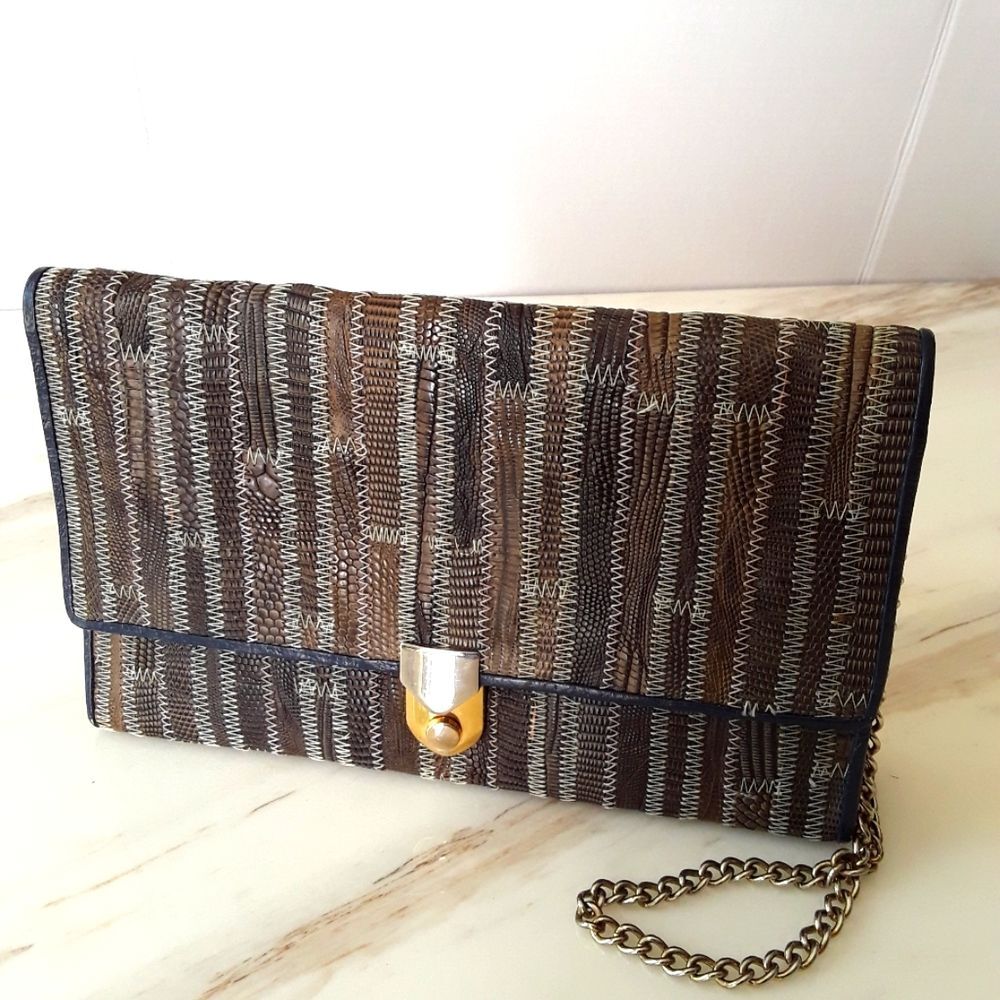 BLUE PATCHWORK LEATHER REPTILE CHAIN SHOULDER BAG -VTG